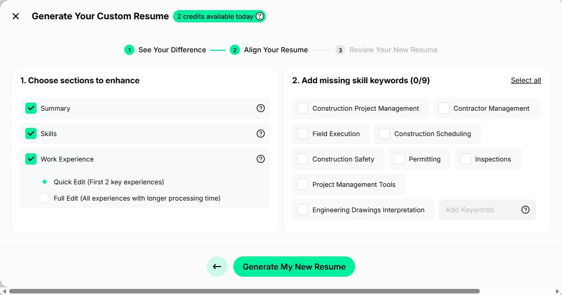 Jobright missing keywords checklist showing decontextualized terms like construction safety, field execution, and project management tools with no explanatory context