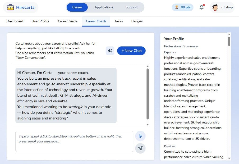 Hirecarta career guide and coaching interface